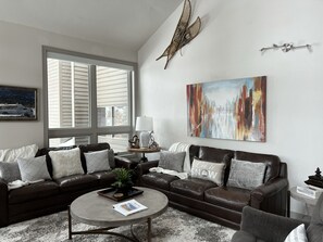 Smart TV, caminetto, lettore DVD, libri