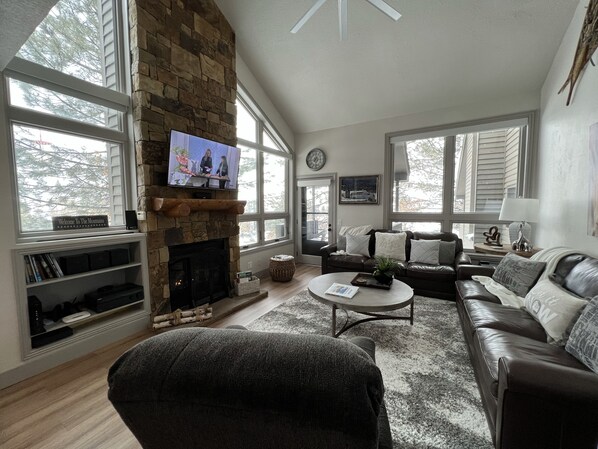 智能电视、壁炉、DVD 播放器、书