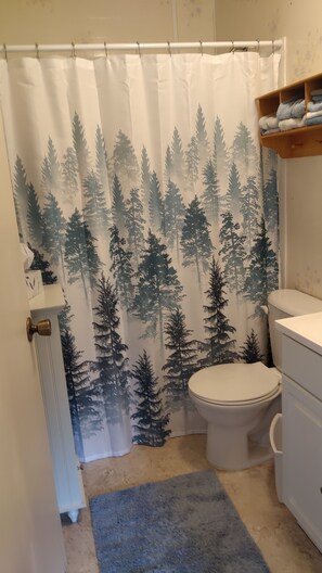 Ensemble baignoire-douche, serviettes fournies, papier de toilette