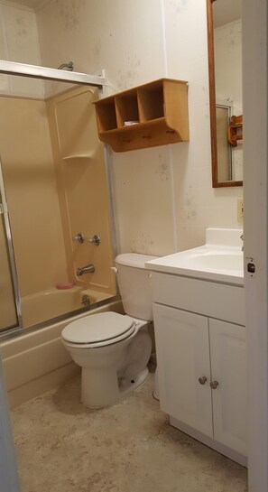Combined shower/tub, towels, toilet paper
