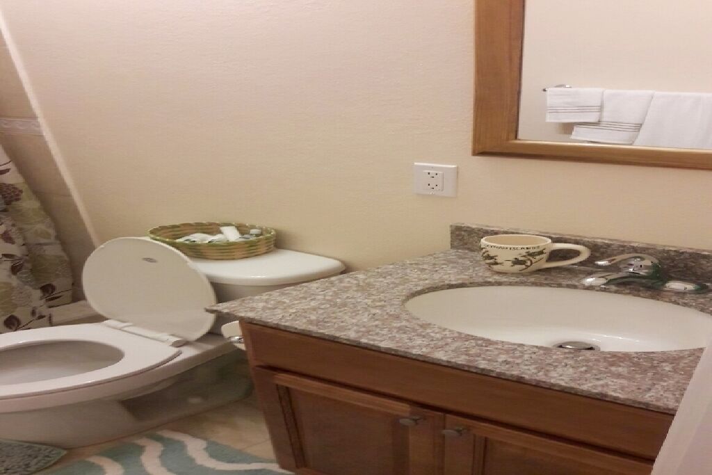 A bathroom with a toilet, sink, and mirror.