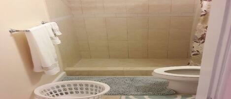 A small bathroom with a shower, toilet, and a laundry basket.