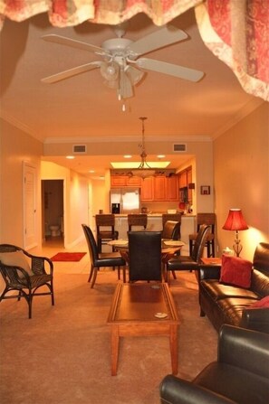 Flat-screen TV, DVD player, video library