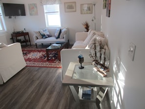 Smart TV, fireplace, books