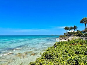 A beach with clear turquoise water, a sandy shore, and lush greenery. - Walk to Beach, Siesta Key Villa 2, Pool View. Daily Rentals (Sarasota)