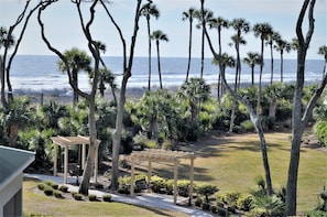 Relax in a shaded pergola overlooking the ocean, surrounded by lush palm trees and a well-manicured lawn.