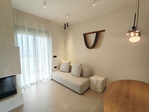 Smart TV, chimenea y libros 