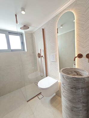 Shower, hair dryer, towels, soap