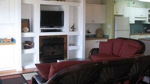 Un salon comprenant un téléviseur, une cheminée, un fauteuil en osier et un coin cuisine avec des placards et un réfrigérateur.