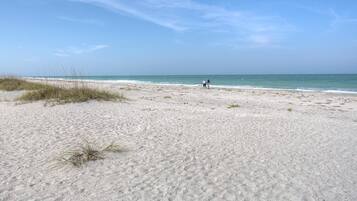 On the beach, sun loungers, beach towels
