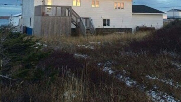 A two-story house with a staircase leading to the entrance, surrounded by natural vegetation and a cloudy sky. - Ocean Front House in Newfoundland (Cook's Harbour)