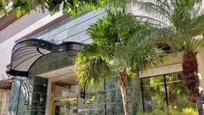 Entrada de hotel con un letrero que dice 'Royal Garden', una palmera y diversas plantas.