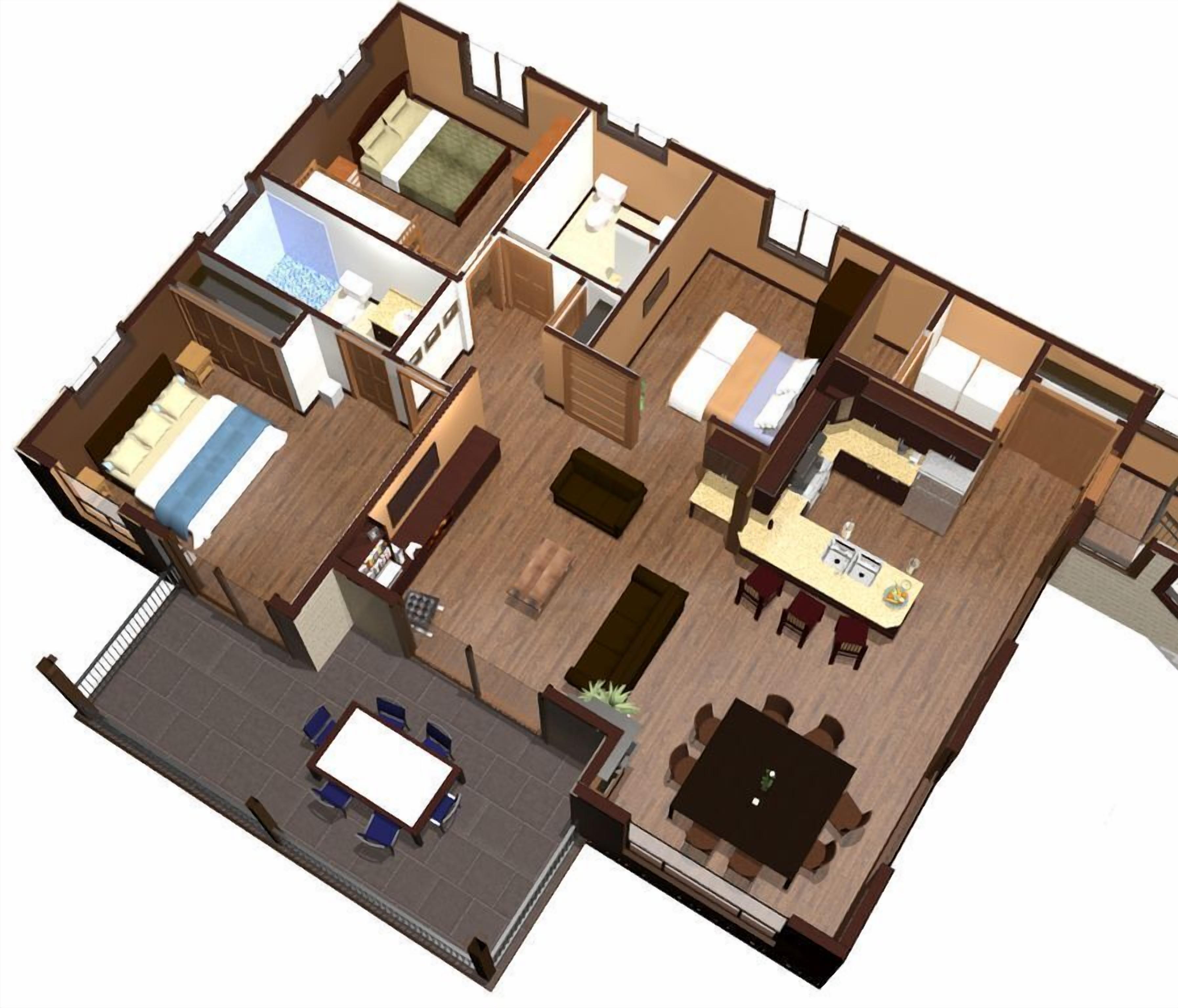A 3D floor plan of a hotel with multiple bedrooms, a kitchen, a dining area, and a small outdoor seating area.