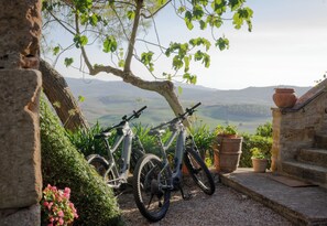 Deux vélos garés sous un arbre, un mur de pierre et une vue sur la campagne.