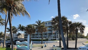 Un hôtel situé en bord de mer, doté de palmiers, d’une piscine et d’un parking.