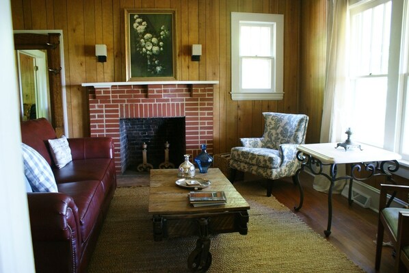 TV connectée, cheminée, lecteur de DVD, livres