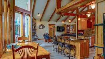 Smart TV, fireplace, video games, DVD player