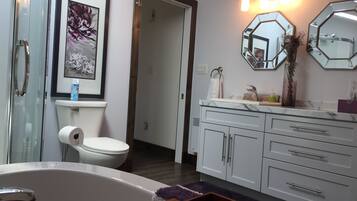 Bathtub, hair dryer, towels