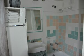 Chuveiro/banheira combinados, secador de cabelo, toalhas de banho 