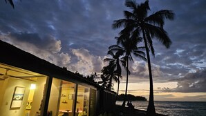 A beachfront property with a glass facade overlooking the sea, palm trees, and a sunset sky.