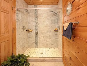 Shower, jetted tub, hair dryer, towels