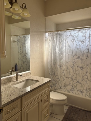 Bathtub, hair dryer, towels, soap