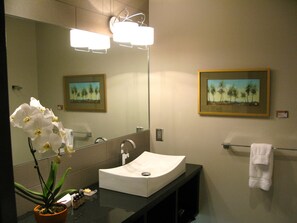 Shower, designer toiletries, hair dryer, towels