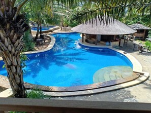 Una piscina de disseny corbat, envoltada de palmeres i una construcció amb teulada de palla.
