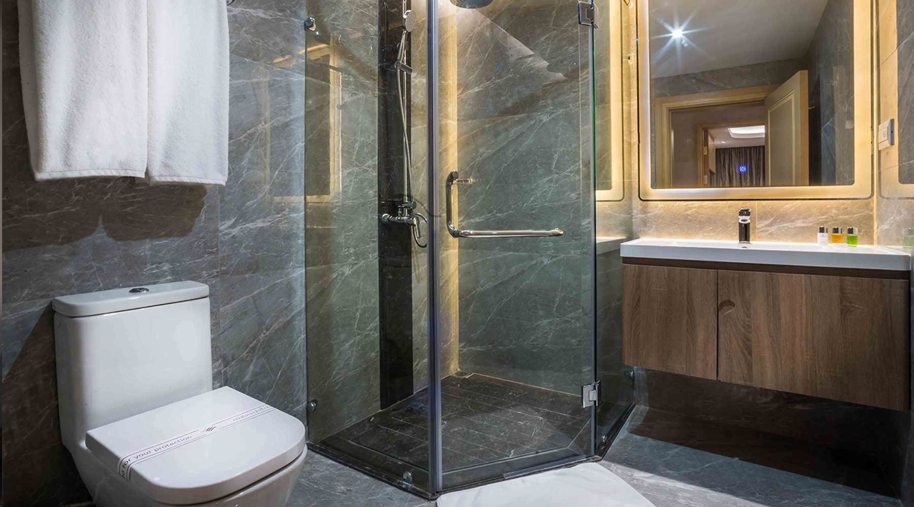 A modern bathroom with a glass-enclosed shower, a toilet, and a wooden vanity with a sink.