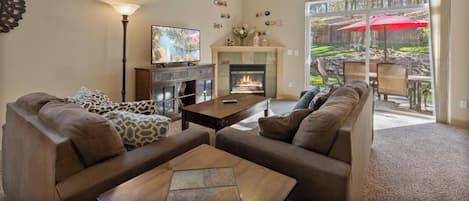 Smart TV, fireplace, video games, DVD player