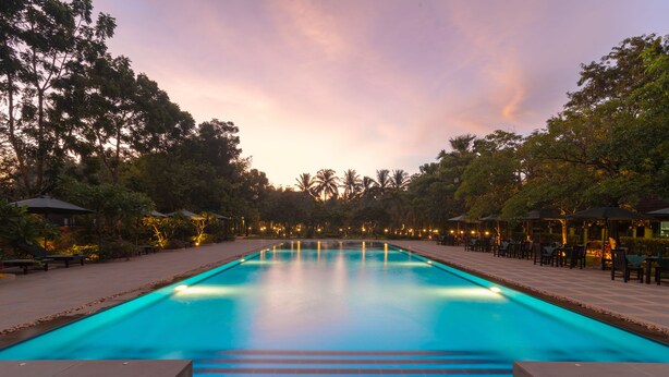 A swimming pool with a tiled deck, surrounded by trees and outdoor seating areas.