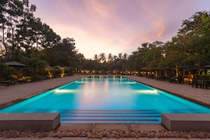 Outdoor pool, pool umbrellas, pool loungers
