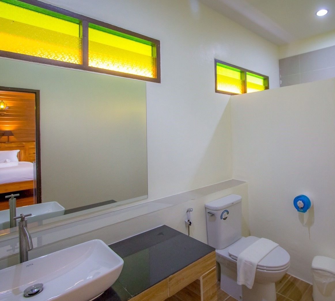 A bathroom with a large mirror, a sink, a toilet, and a bidet.