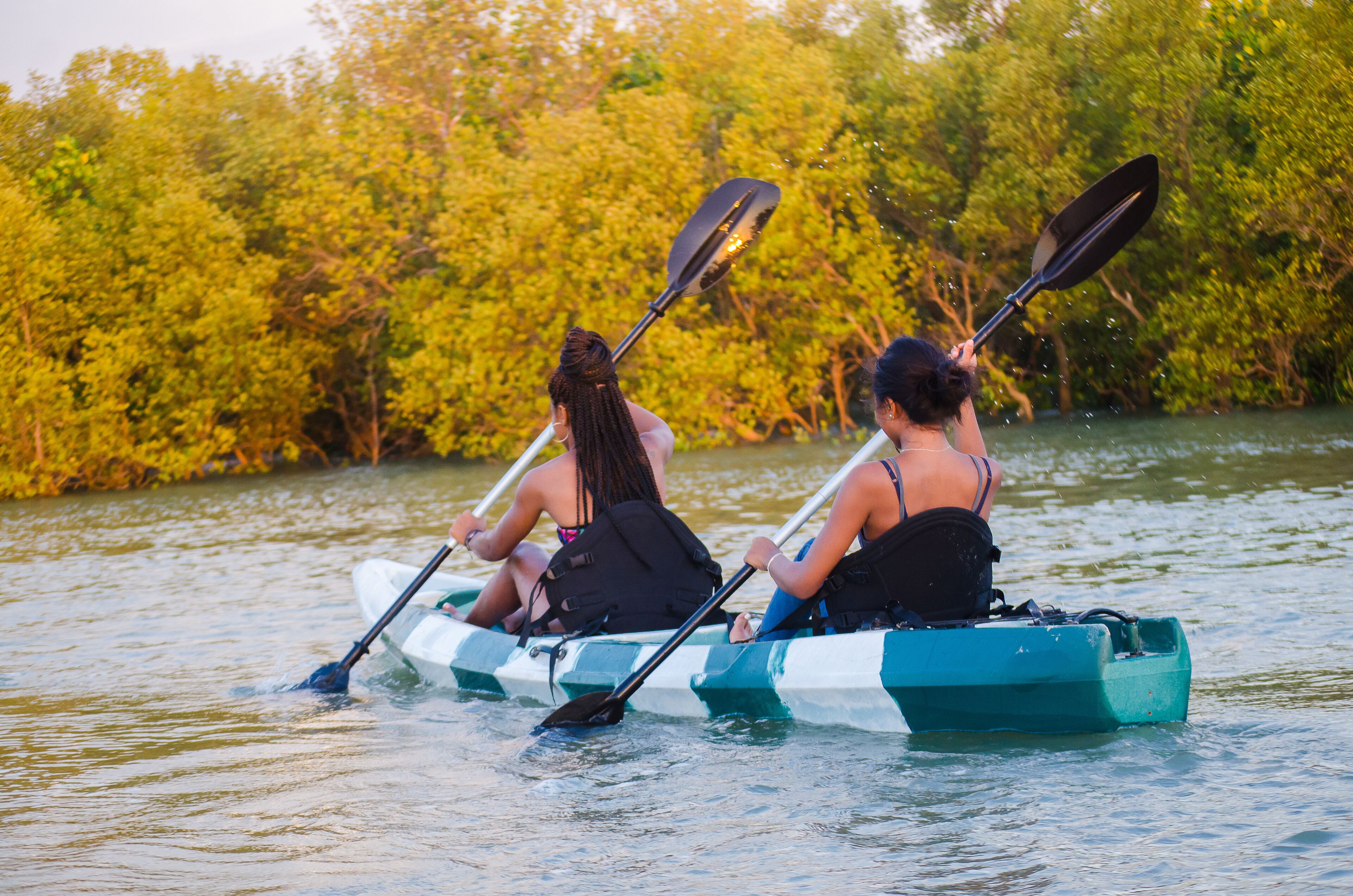 Two people in a canoe on a calm body of water surrounded by trees.