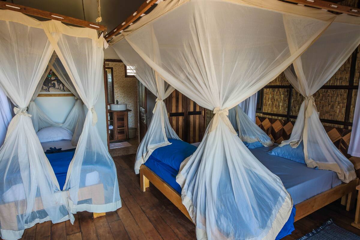 Two wooden beds with blue bedding and white mosquito netting.