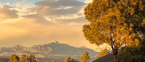 A mountain landscape with a tree in the foreground and a building with a sloped roof.