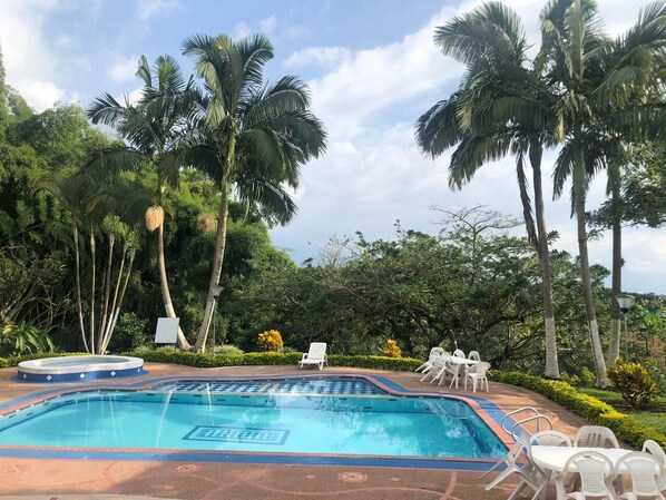 Outdoor pool, pool umbrellas, sun loungers