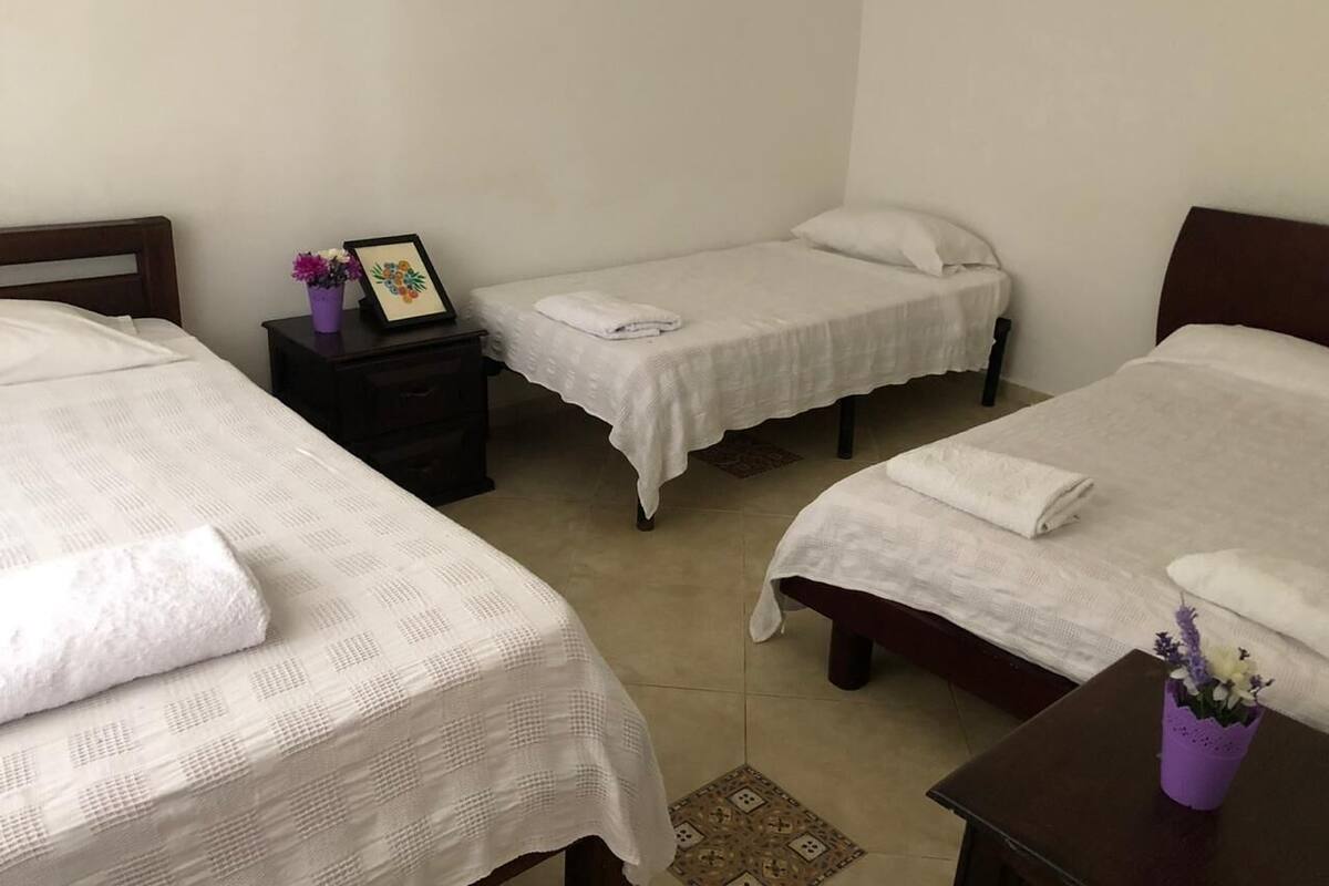 A room with three single beds, each with a white bedspread and a rolled white towel. There is a small table with a purple vase and a framed picture between the beds.
