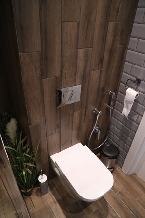 Hair dryer, towels, soap, shampoo