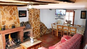 A cozy living room with a stone fireplace, a sofa, a dining table with chairs, and a television mounted on the wall.