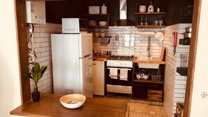 Een kleine keuken met een koelkast, fornuis en wastafel.