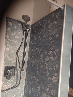 Shower, hair dryer, towels, toilet paper