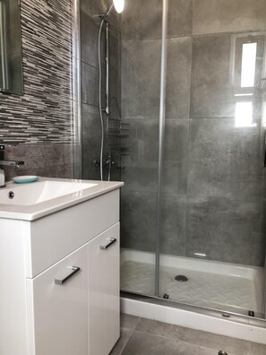 Hair dryer, towels, soap, toilet paper