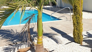 Ein Poolbereich mit einer Palme und einer ordentlich geschnittenen Hecke.