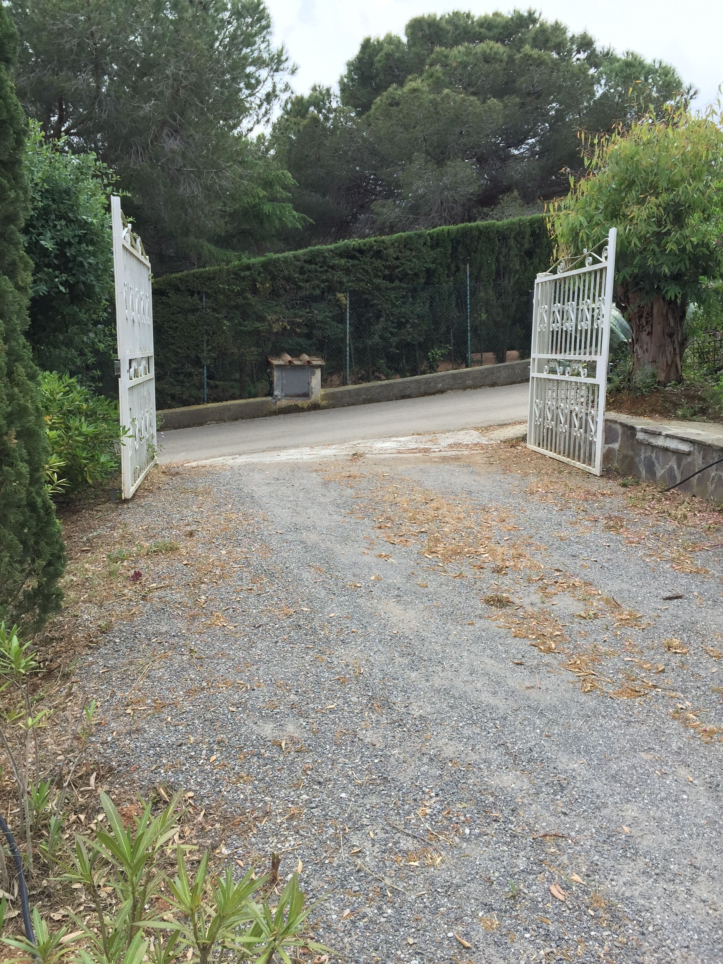 A gated entrance with a gravel path leading to a building.