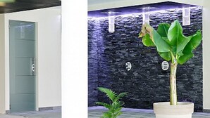 A reception area with a modern reception desk, a potted plant, and a stone wall. - house with private pool, jacuzzi, sauna, hammam for 4 adults, 2 children (Theux)