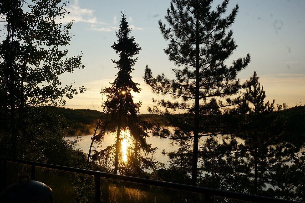 Une vue d’un lac entouré d’arbres au coucher du soleil.