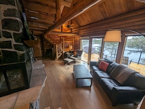 Smart TV, fireplace, books