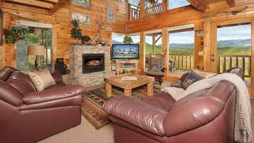 Smart TV, fireplace, books