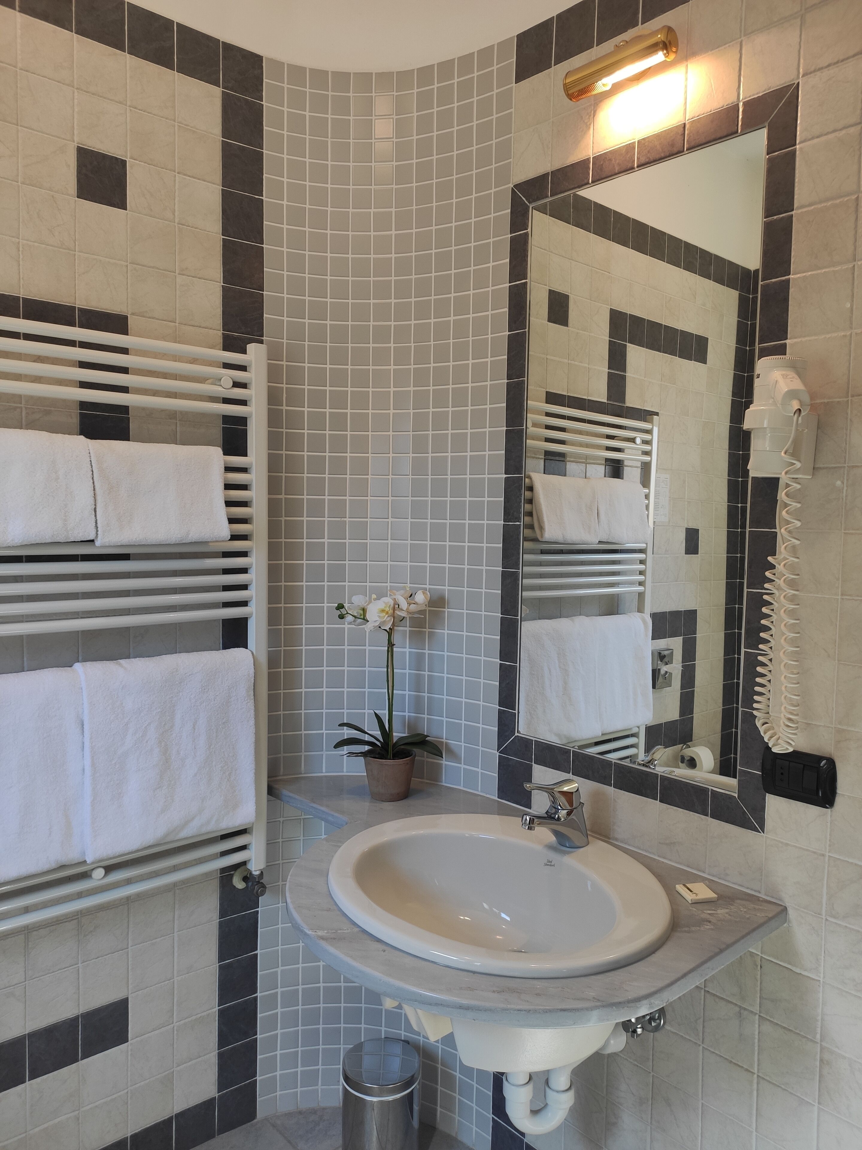 A bathroom with a sink, mirror, towel racks, and a potted plant.